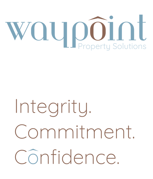 Logo and tagline for waypoint property solutions with text: Integrity. Commitment. Confidence.